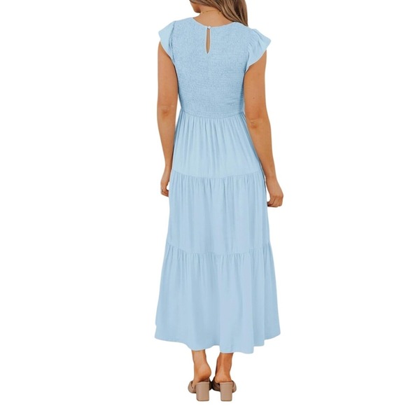 Zesica Smocked Maxi Dress Ruffle Sleeve Tiered Casual Blue Dress Size L Nwot - Picture 5 of 15